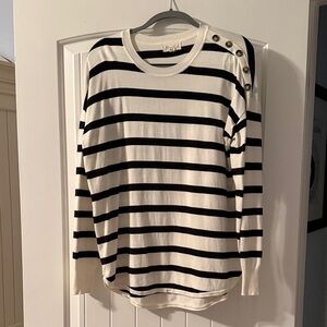 Marled Black and White Striped Crew Neck Sweater